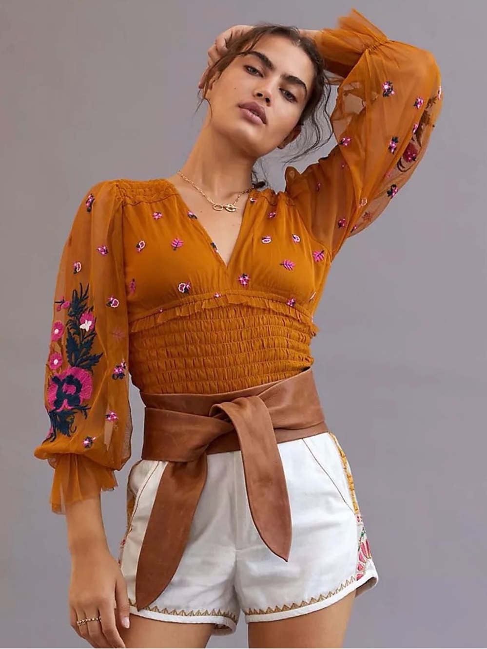 Anthropologie Floral Embroidered Smocked Tulle Blouse Size Large Orange